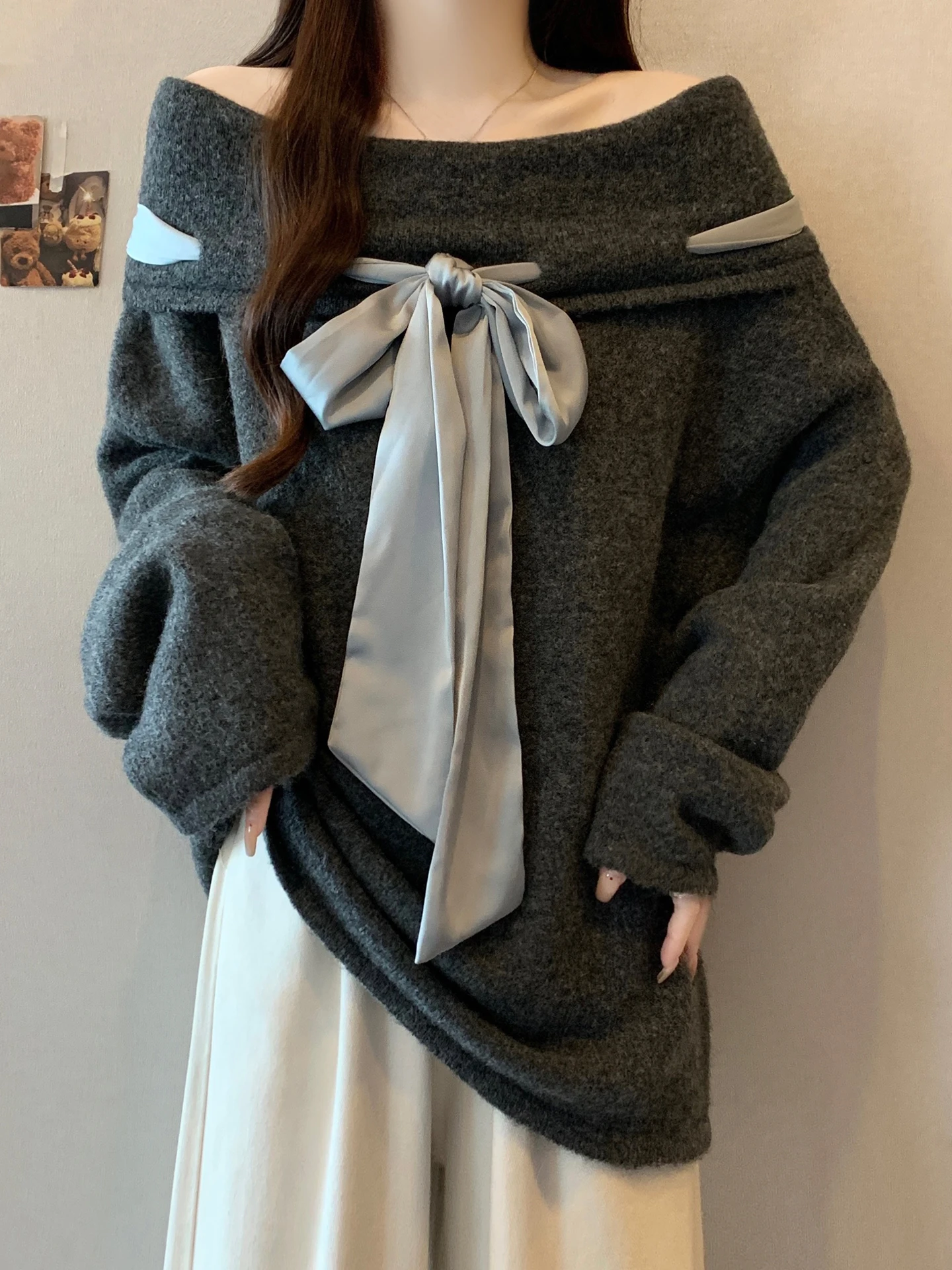 

Ele Knitted Sweater with Knot One oulder Sle for Women Loose Fit Autumn Winter plus Size Slimming Mid-Lengt...