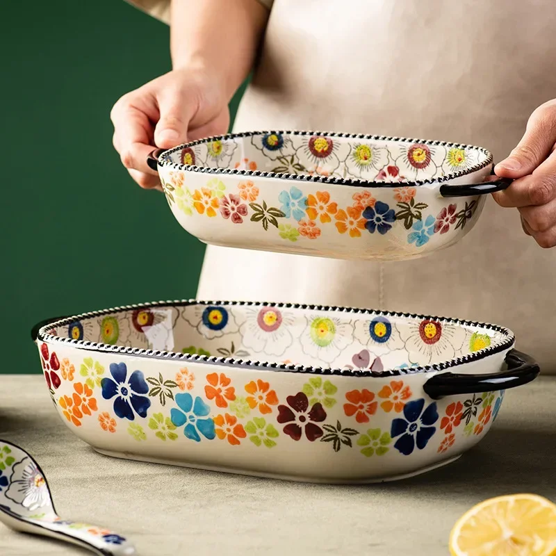 Hand-painted Relief Floral Ceramic Double Ear Baking Tray, Circular, Handle Bowl, Tableware, Fruit Salad Bowl, Kitchenware