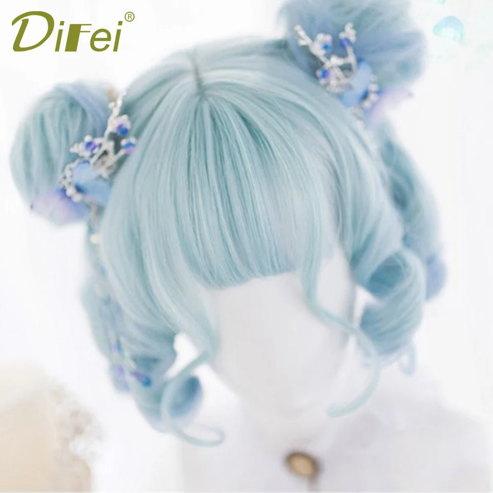 Mint Macaroon Short Curly Synthetic Wig Female Fluffy Cute Lolita Blue-purple Gradient Short curly Christmas Cosplay Party Wig