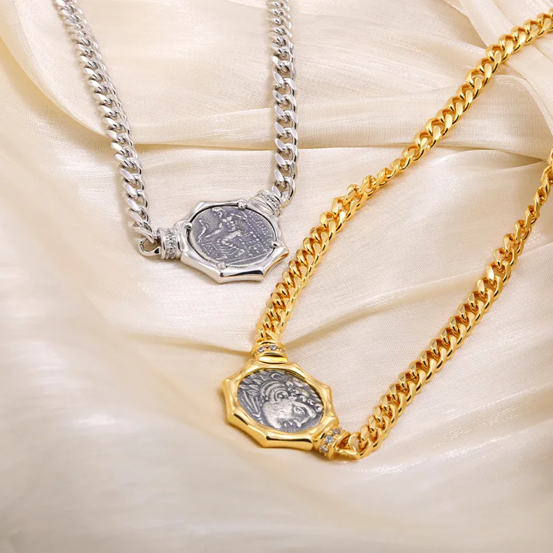 

Ancient Greek Hercules Coin Necklace Sterling Silver New Arrival Collarbone Chain Retro Pendant Hip-Hop Men's Necklace