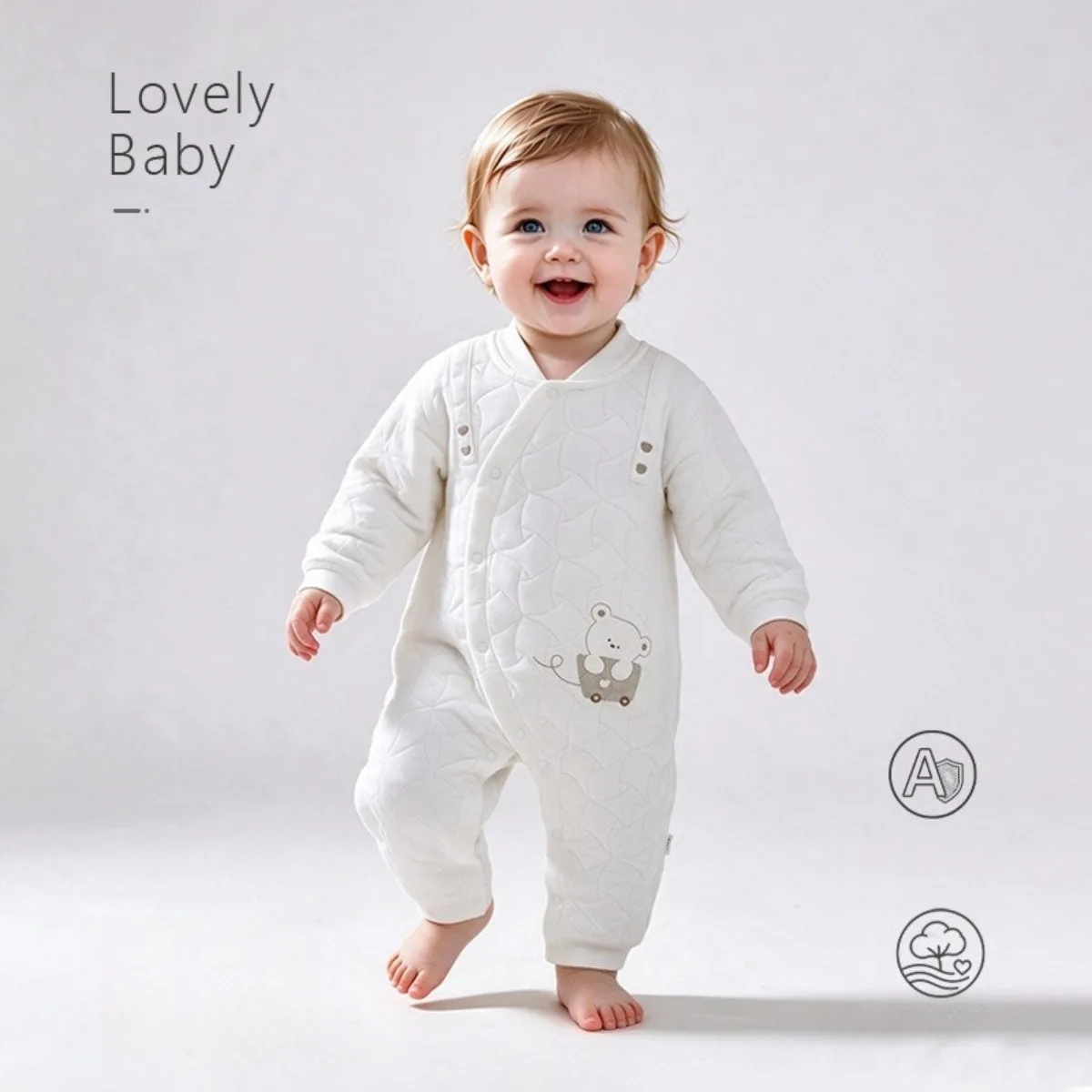 Lightly Quilted Baby Romper Soft Cotton Long Sleeve Onesie Cartoon Bear Warm Padded Infant Jumpsuit Unisex 0-18M Fall Winter