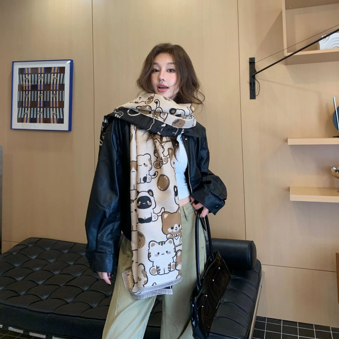 Cute Cat Print Cashmere Feeling Scarf Women Soft Warm Fringe Shawl Multi Wear Hooded Wrap Daily Fashion Winter Neck Scarves view 6