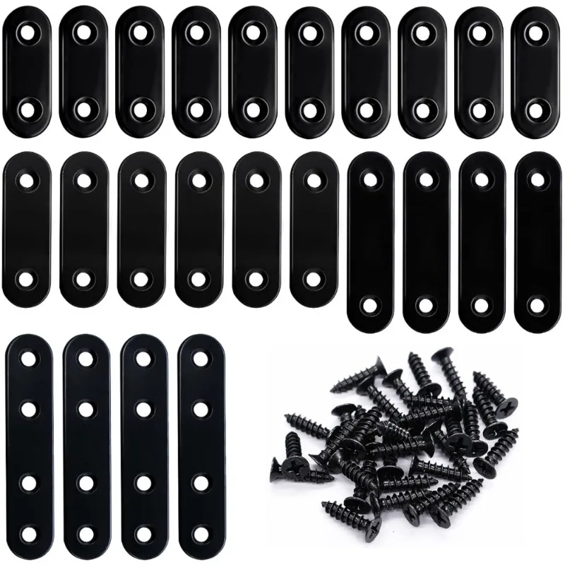 1 Set of 86pcs Black Flat Stainless Steel Brackets with Screws, Angle Bracket Fasteners, Shelf Supports, Flat Metal Repair Plate