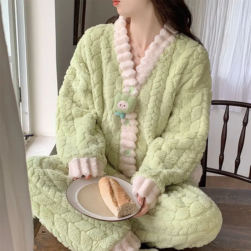 Pajama Lady Autumn Winter Thickened with Velvet Coral Velvet Cute Little Fragrance Girl Flannel Warm Home Suit Set pijama women