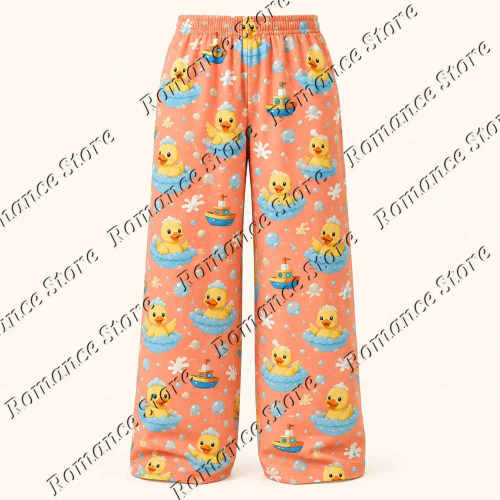 Original Kawaii Cartoon Character Women Sleep Pants Patterns Snail Dinosaur Rubber Duck Strawberry Outerwear Milk Silk Trousers