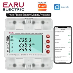 3 Phase 380V 100A Tuya WiFi Smart Bi-Directional Energy Power kWh Meter Over Under Voltage Protector Relay Switch Current Limit