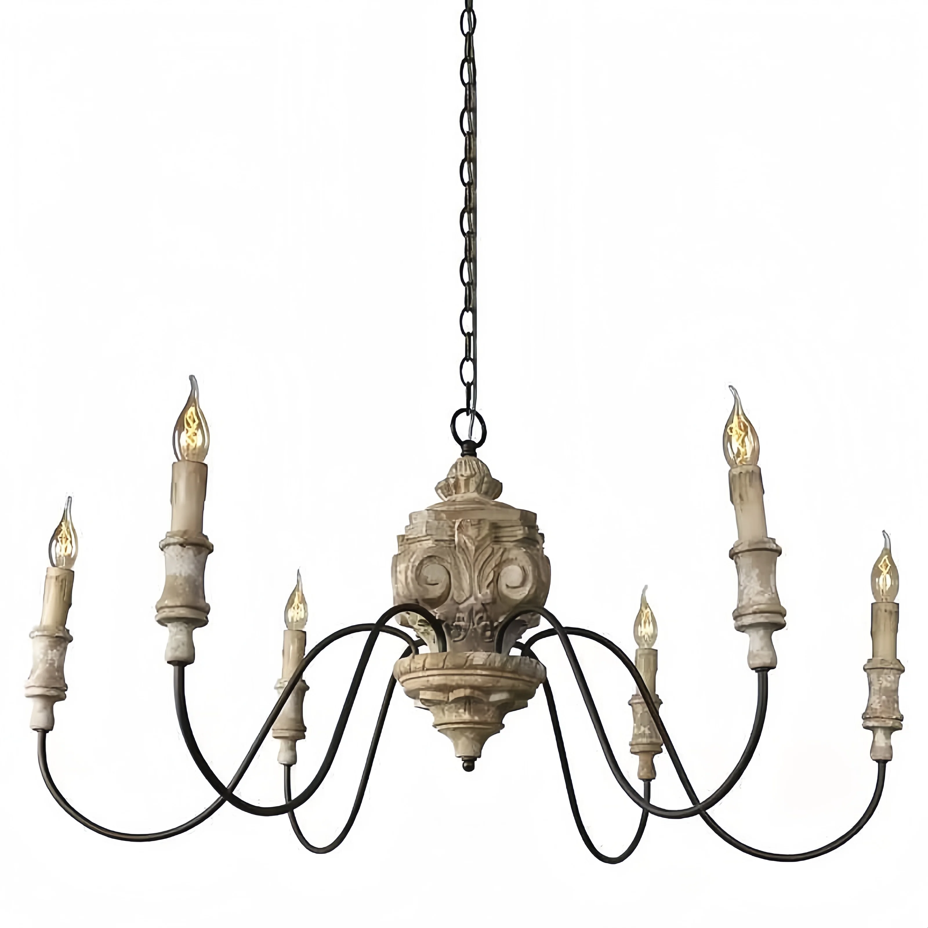 Rustic French retro chandelier solid wood engraved chandelier E12 bulb base living room dining room bedroom villa architecture