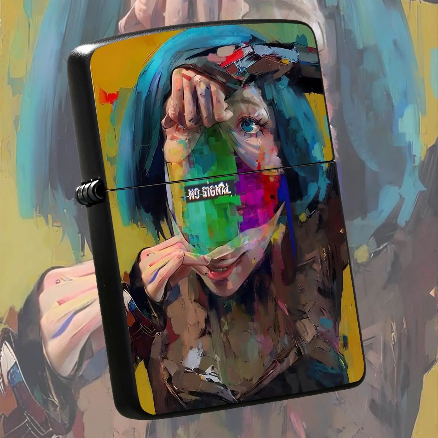 Trendy Art Style No Signal Abstract Portrait Printed Lighter, Creative Blue Hair Oil Painting Style Portable Igniter, Ideal For Daily Travel Outdoor Gathering Multi Scenarios, Unique Cool Practical Carry-On Gift For Friends, Exquisite Decor