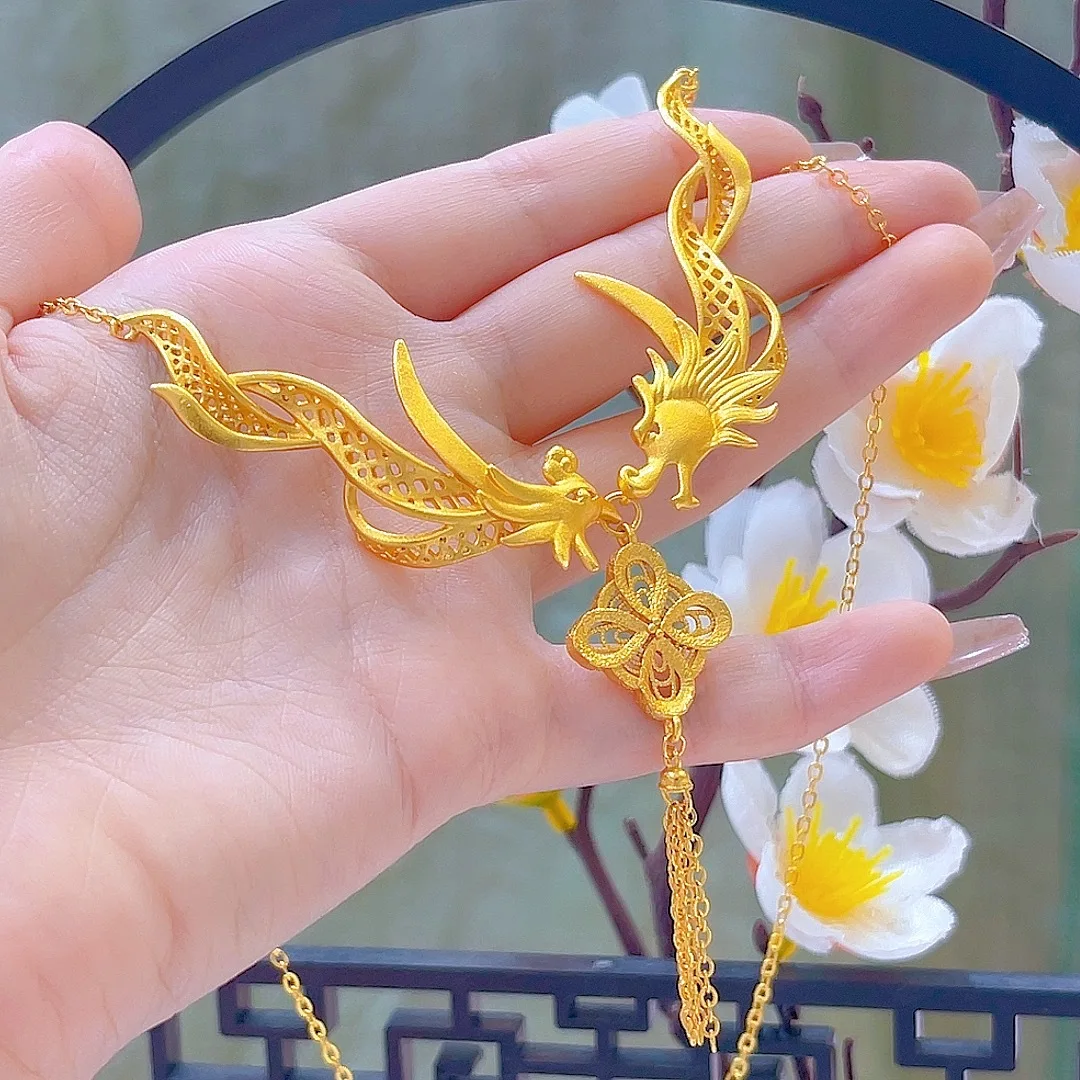

Luxury 24K 9999 Pure Gold real gold Dragon and Phoenix Chengxiang Necklace Wedding Series Women Necklace