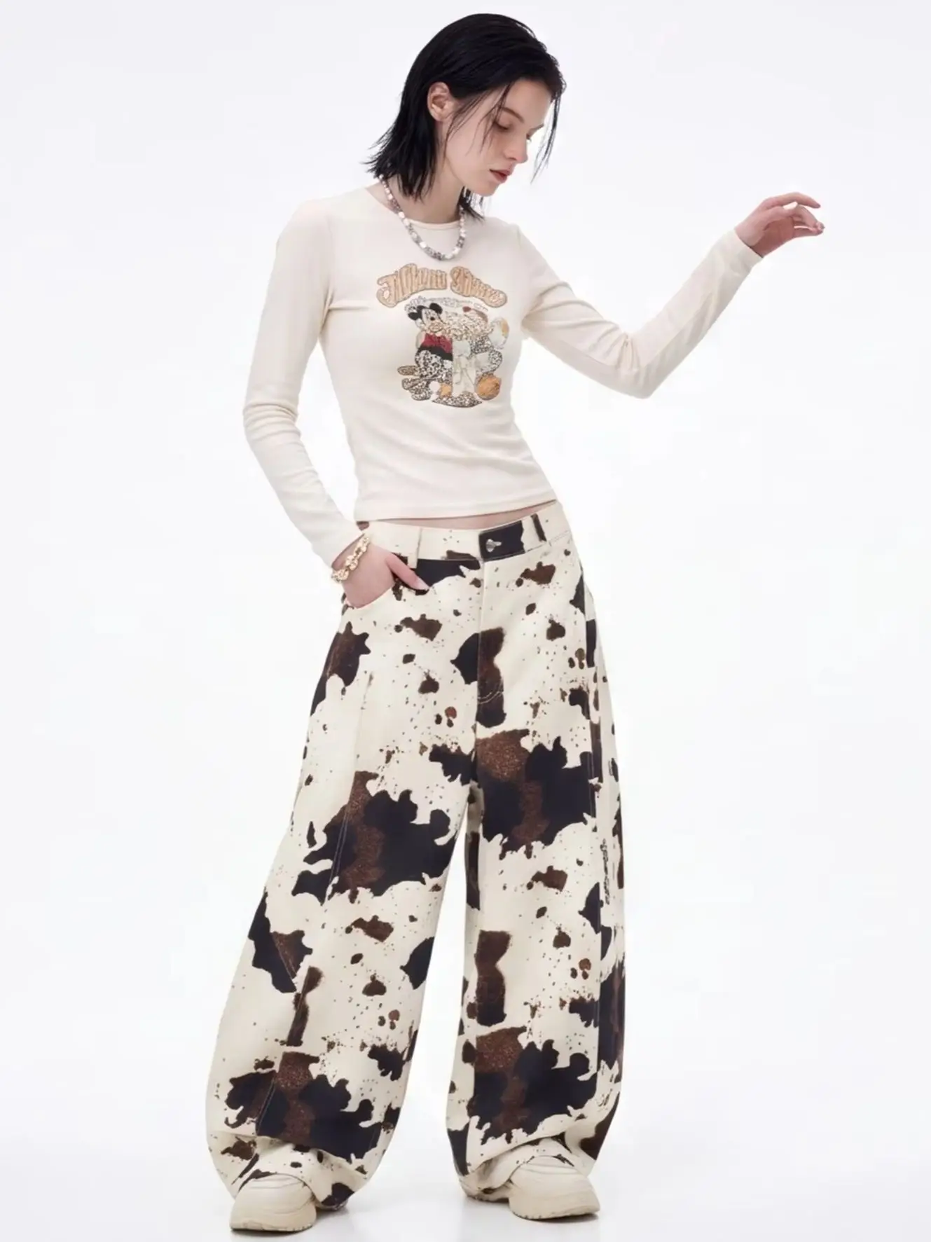 CHIC Y2k Women Baggy Jeans Harajuku Vintage Graffiti Cow Print Denim Trousers Japanese Casual Wide Leg Jeans Men Pants Oversized