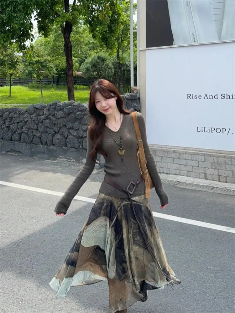 

Ретро-юбка с градиентным принтом, завышенной талией, асимметричным подолом, для осени, в повседневном французском стиле, А-силуэт