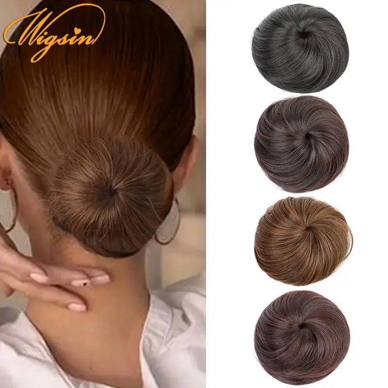 WIGSIN Moño sintético corto y lacio con clip para extensión de cabello, negro y marrón, para mujer
