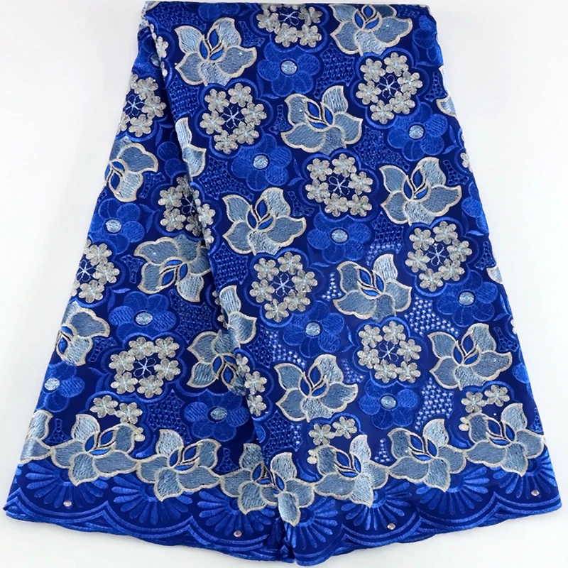 Royal Blue Nigerian Cotton Lace Fabric 5 Yards 2024 Hight Quality Swiss Voile Stones Lace Fabric For Women Birthday Party Dress