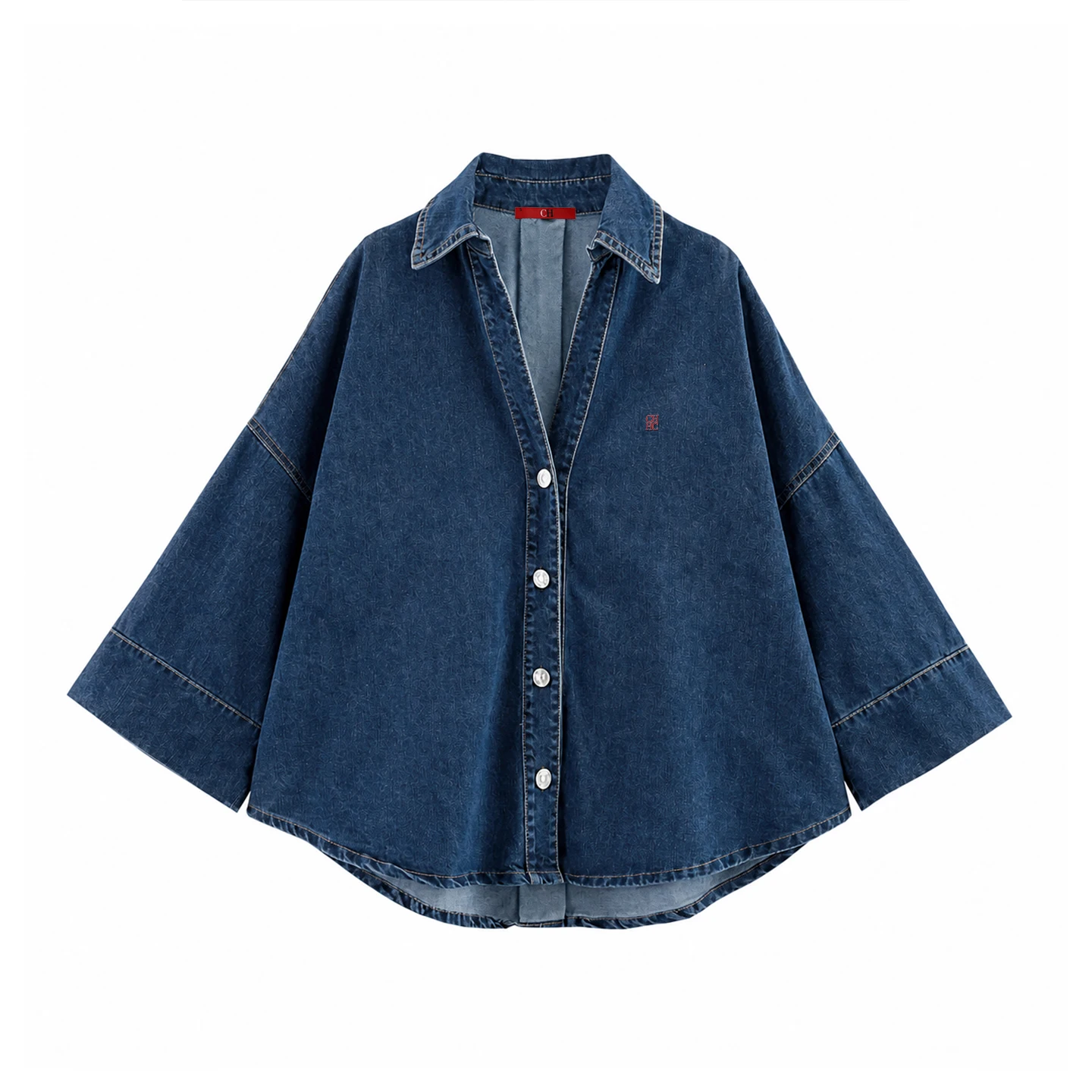 CH Letter Embroidered Solid Color Denim Three Quarter Sleeve Shirt Women Point Collar Oversized Fit Cool Edgy Style Casual Tops view 5
