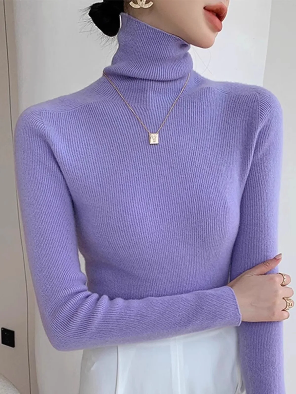 الخريف الشتاء المرأة عالية الياقة Thiened Camere محبوك سترة قسط الشعور ملابس داخلية قاعدة طبقة الصوفية