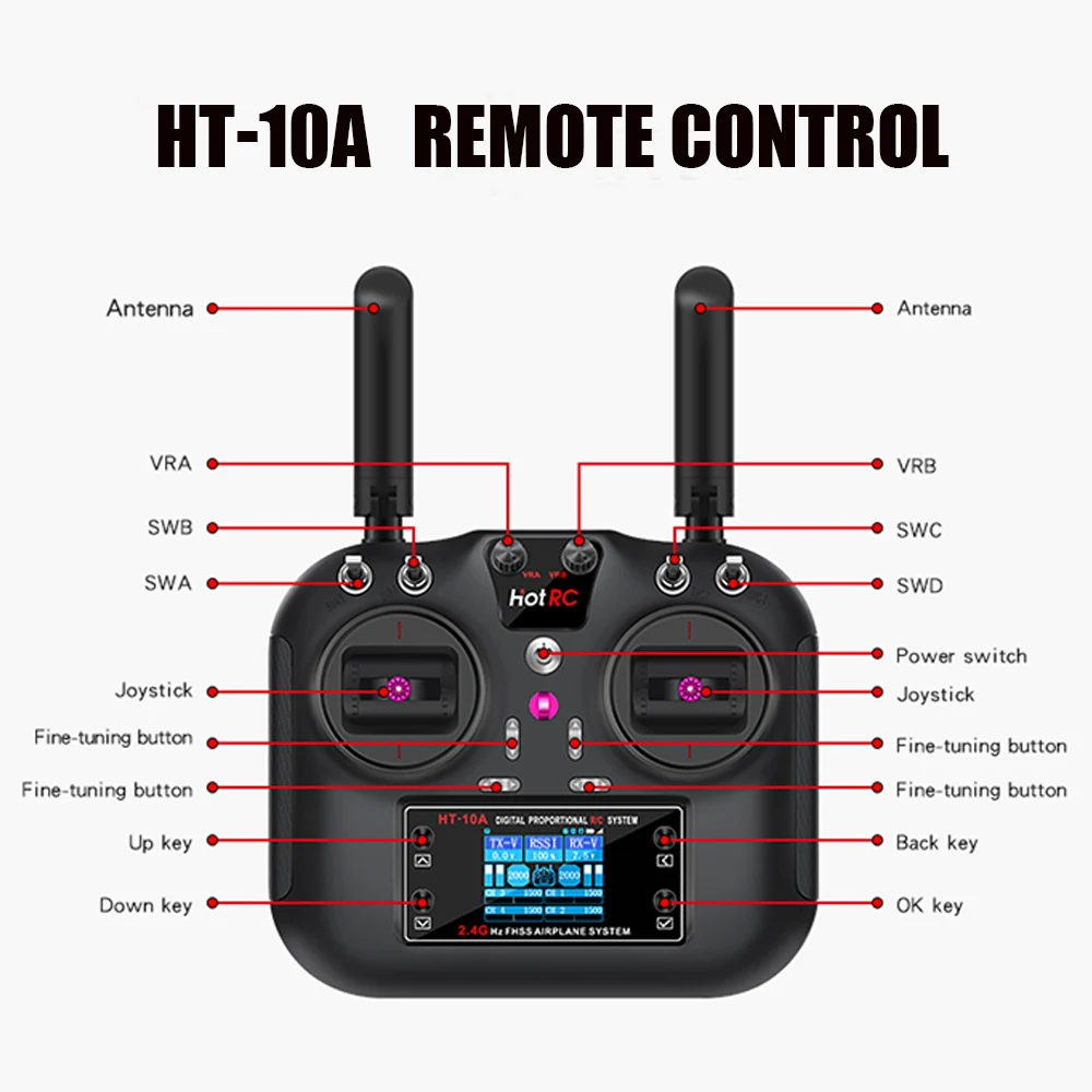 

RC Hotrc HT-10A Transmitter 10CH Receiver F-10A 2.4G For RC Car Ship Tank Remote Control Toy Accessories