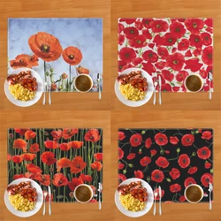 Fashion Red Poppy Flowers Print Table Mats for Dining Coffee Cup Coaster Linen Placemat Kitchen Accessories Dish Drying Pads