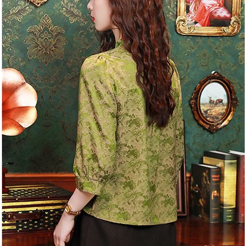 2024 Summer Chinese Style Pullovers Stand Collar Pan Button Printed Blouses Fashion Slim Versatile Half Sleeve Commuter Shirt