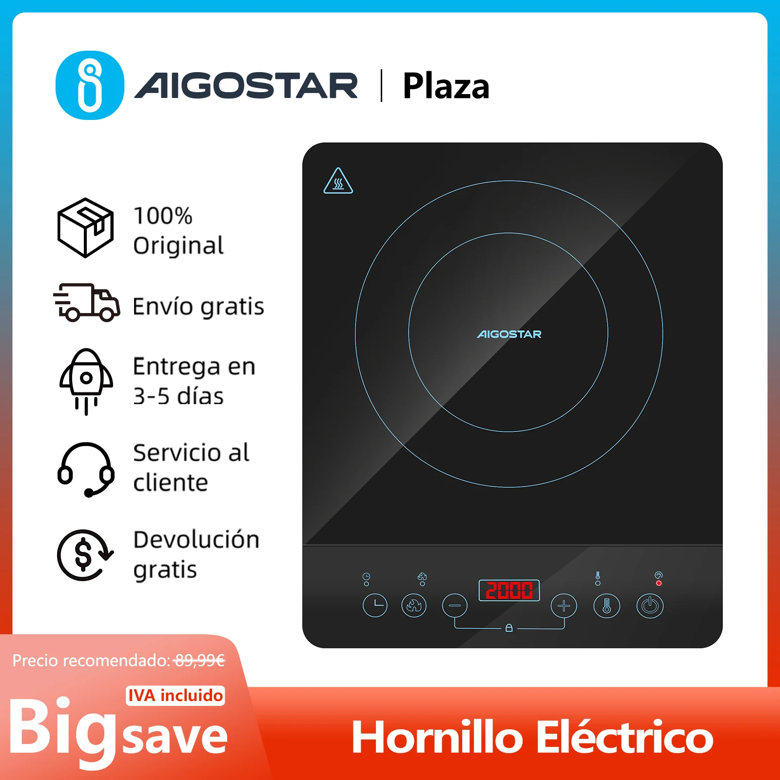 Placa de Inducción Portátil, 10 Niveles de Potencia, Control Táctil LED, Bloqueo Niños, Protección Antisobrecalentamiento, 2000W