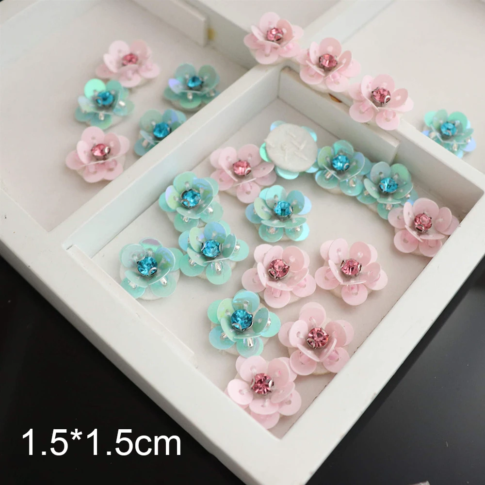 Sew-on Sequin Flower Applique, DIY Decoration, Cartoon Patch, Clothing Accessories, Blue and Pink, 10 PCs/Lot, 1.5*1.5cm