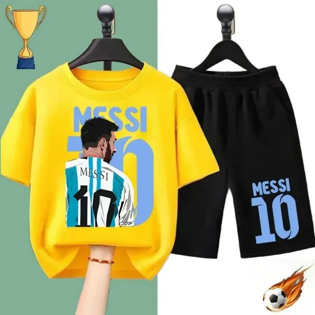 2025 Summer Children's T-shirt Football Star Messi Printed Sports Boys and Girls Casual Short sleeved Shorts Fashion Black Shirt