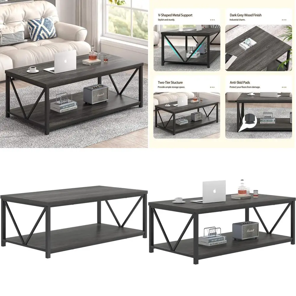 

Rustic Wood and Metal Storage Cocktail Table for Small Spaces, 39.3 Gray