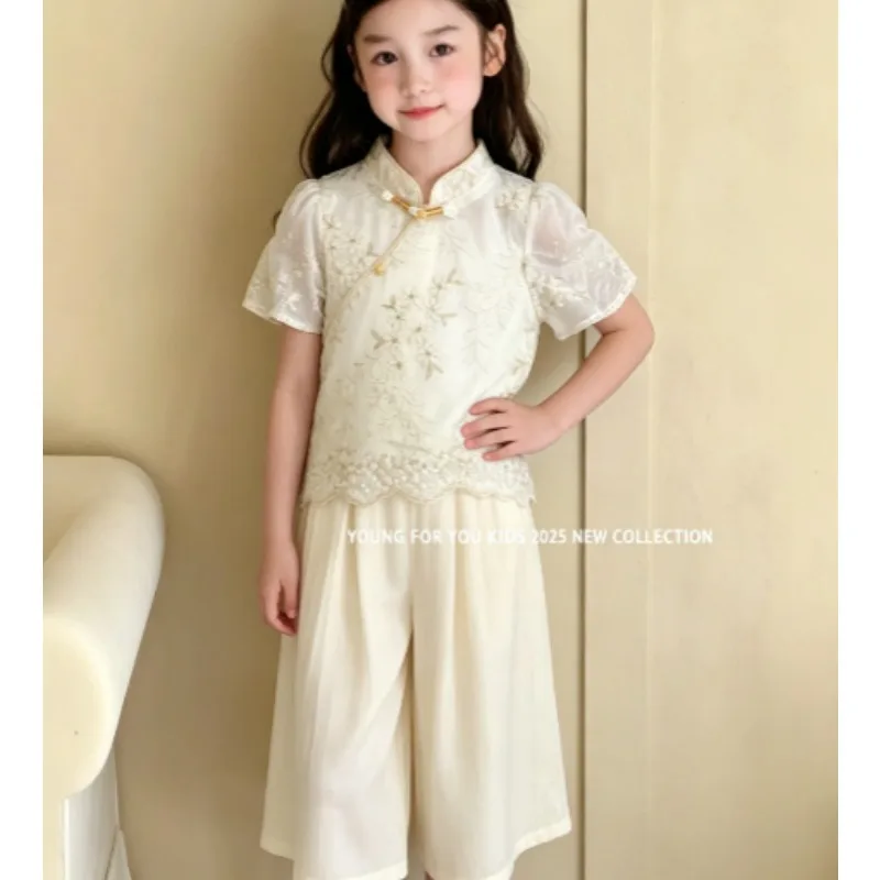 Girls' Loose Summer Thin Short Sleeved Chinese Style Set, Baby's New Chinese Style Two-piece Set, Summer Trend