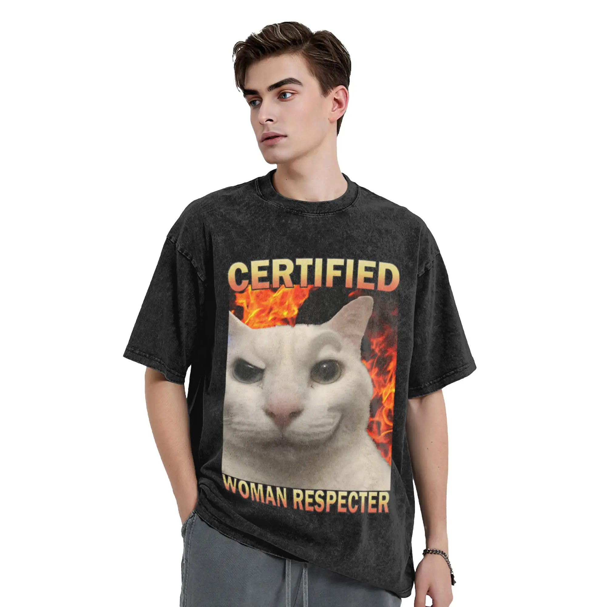 Certified Woman Respecter Funny Cat Meme Classic Cool A Washed T Shirt Men's Women's Oversized Cotton Tees Tops