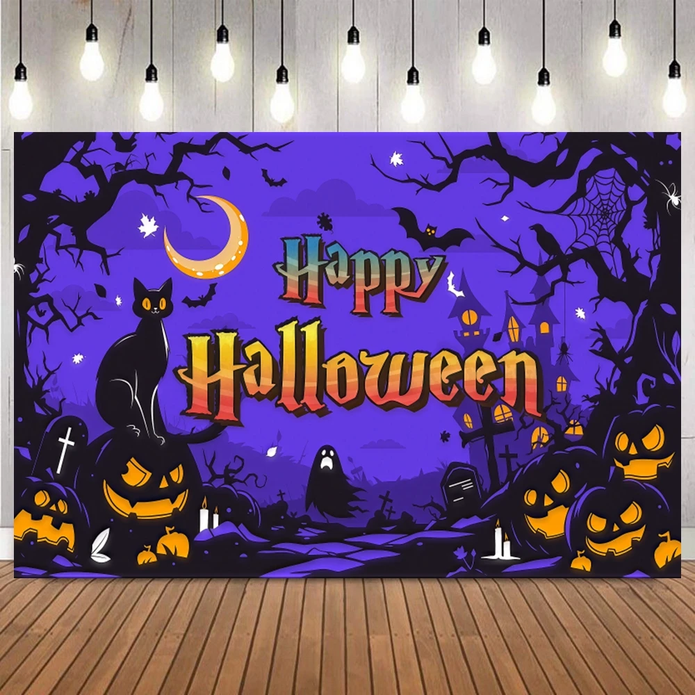 Happy Halloween Photography Background Castle Graveyards Pumpkin Lights Bats Full Moon Ghosts Halloween Party Banner Backdrop