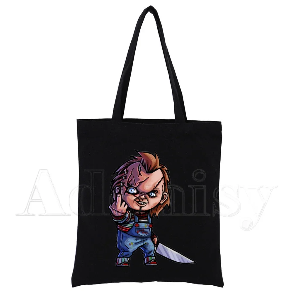 Chucky Damen-Handtaschen, Canvas-Tragetasche, Einkaufstaschen, wiederverwendbare Einkaufstasche, umweltfreundlich, faltbar, Schwarz