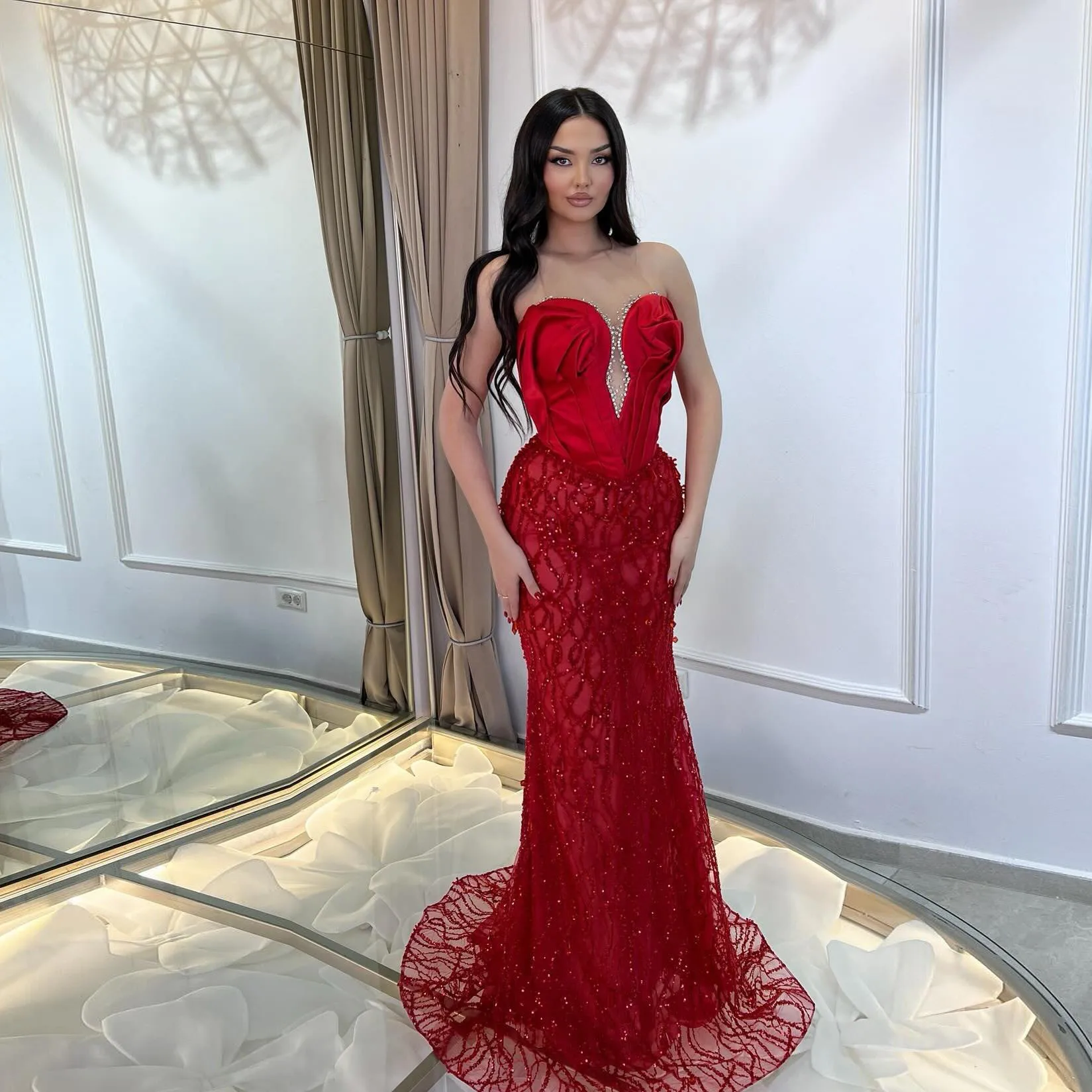 

Luxury Shiny Red Beaded Lace Mermaid Evening Dresses Floral Sweetheart Strapless Long Formal Dress Lace Up Back