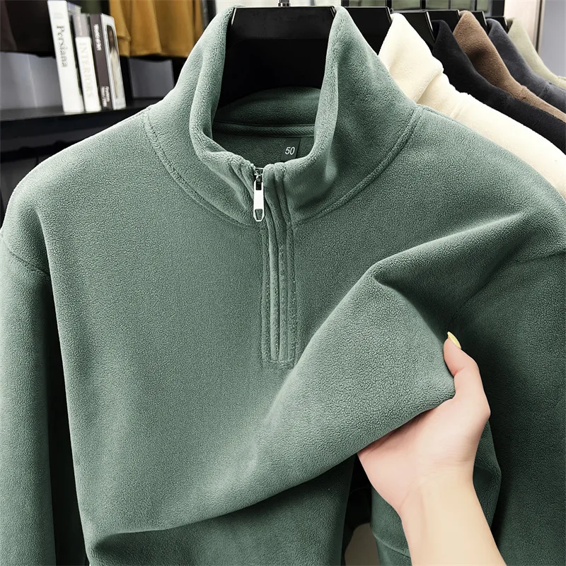 

High quality solid color men's stand up collar pullover autumn winter thicken warm casual luxury fashion half zipper sweatshirt