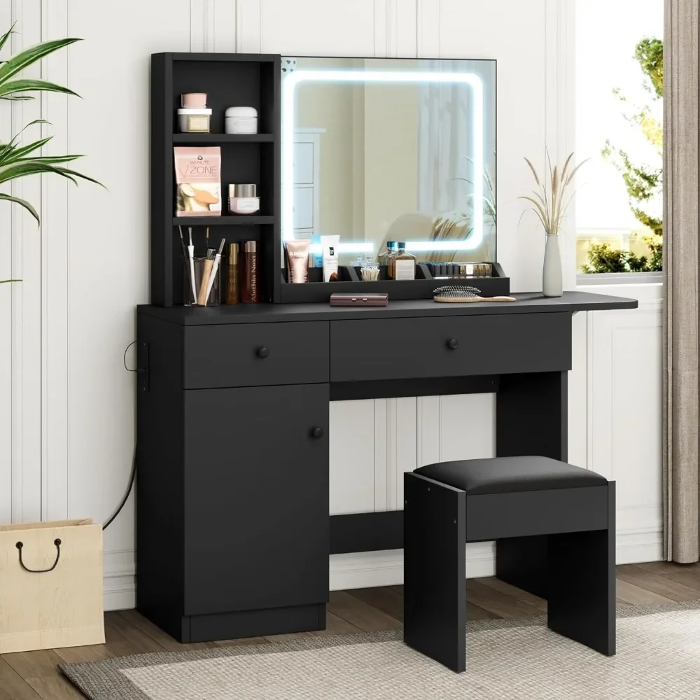 Vanity Desk with Mirror and Light, Vanity Set with Drawers & Open Shelf & Storage Cabinet, Vanity Mirror for Bedroom, Black