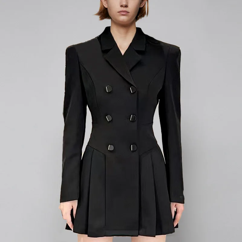 

Women's Autumn/Winter New Black Double breasted Short A-line Suit Dress Elegant Slim Fit Waist Closing Luxury Dresses Coat