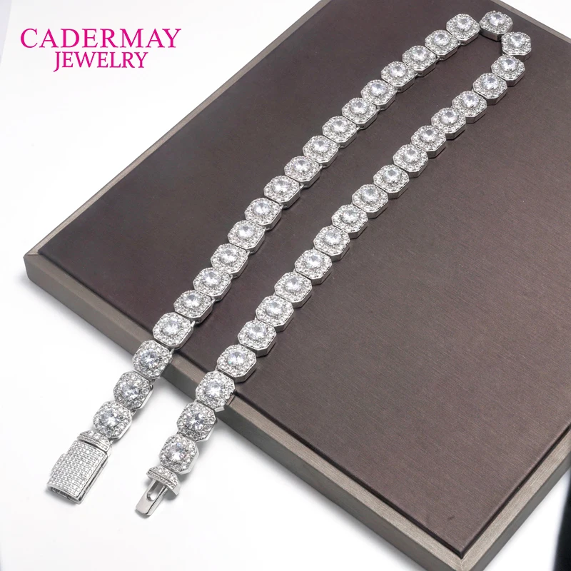 Cadermay HipHop Jewelry Special Fancy Square Clustered 10mm 12mm White Halo Diamonds Bracelet D VVS1 Moissanite Tennis Chain