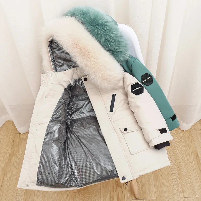 Real Fur White Duck Down 2023 Winter Children Midi Length Down Jacket New Warm Kids Boys Thicken Coat Hooded Baby Snowsuit #6643