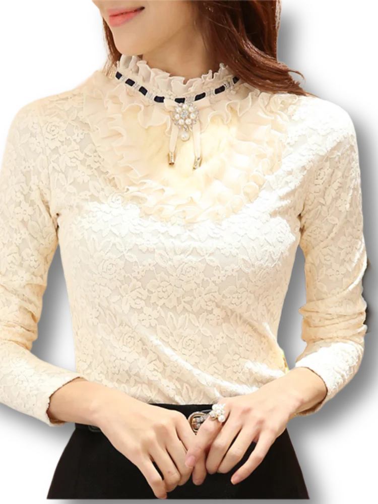 Ruffle Pearl Lace Blouse for Women, Office Lady, Thick Fleece Shirts, Elegant, Slim, Sexy Bottoming Tops, White, New, 2022