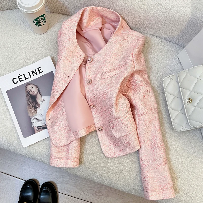 

Pink Simple Sweet Long Sleeve Suit Jacket Women's Spring Autumn New French Elegant Basic Small Fragrance French Lady Coat