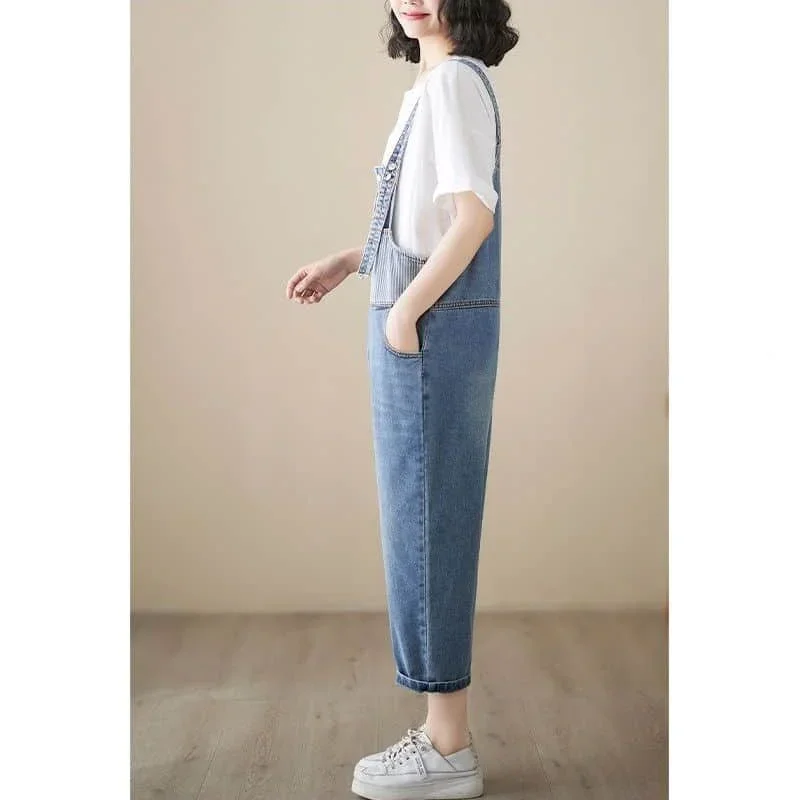 Macacões jeans soltos casuais redução de idade jeans coreano moda vintage luz azul macacão uma peça roupas femininas