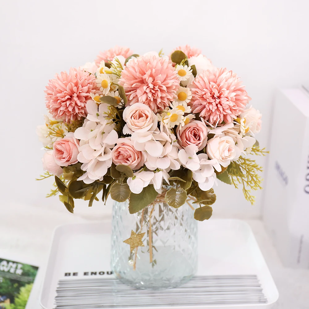 Flores artificiales híbridas de manzanilla de seda, Margarita rosa, flores falsas, mesa de habitación, ramo de novia de boda de otoño, accesorios de decoración