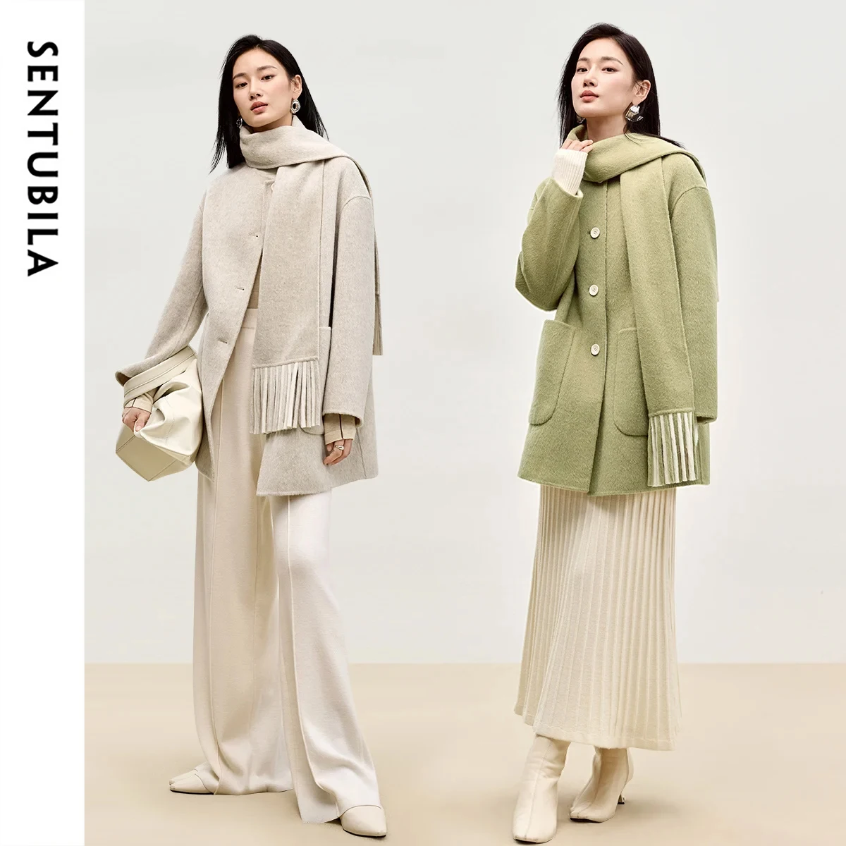 

SENTUBILA 100% Wool Double Sided Woolen Coat 2025 Winter U Patch Pocket Tassel Scarf Single Breasted Elegant Coats W44O55981