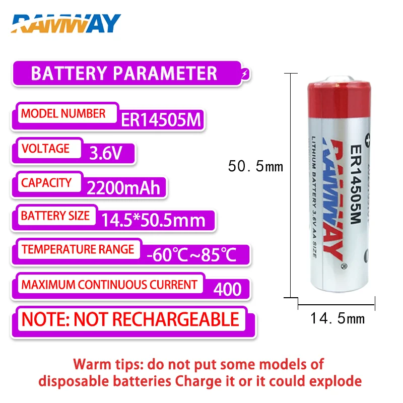 RAMWAY ER14505M AA Add 51005 Plug 3.6V Disposable Lithium Battery Intelligent Water Meter Flow Meter PLC Servo Non-rechargeable