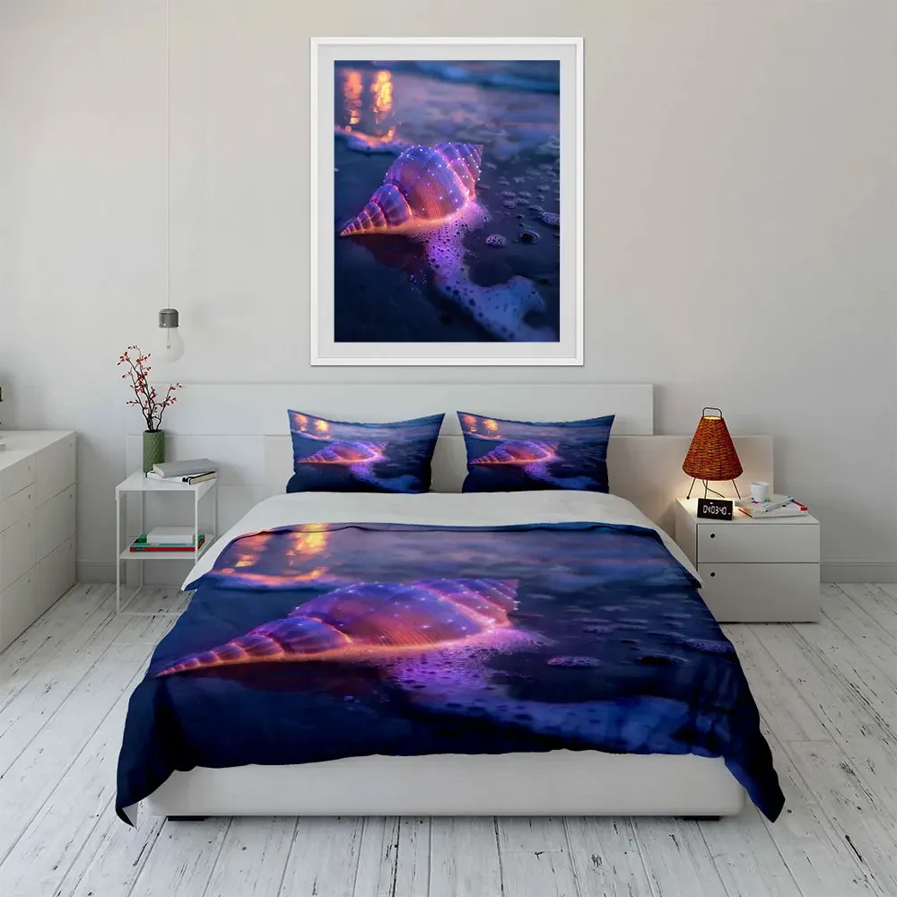 Glowing Shell Art Decor Set Bedding Set with 1 Duvet Cover 2 Pillowcases Single Double King Queen, Gift