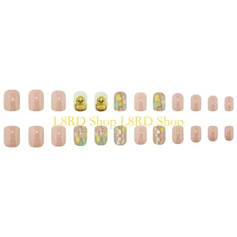 L8RD 24pcs Square Press On with Chick Pattern Short Artificial for Women