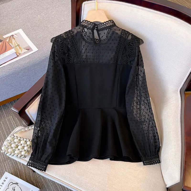 Blusa de gasa con encaje para mujer, camisa holgada de manga larga con cuello redondo, Color sólido, a la moda ropa elegante, Color negro, novedad