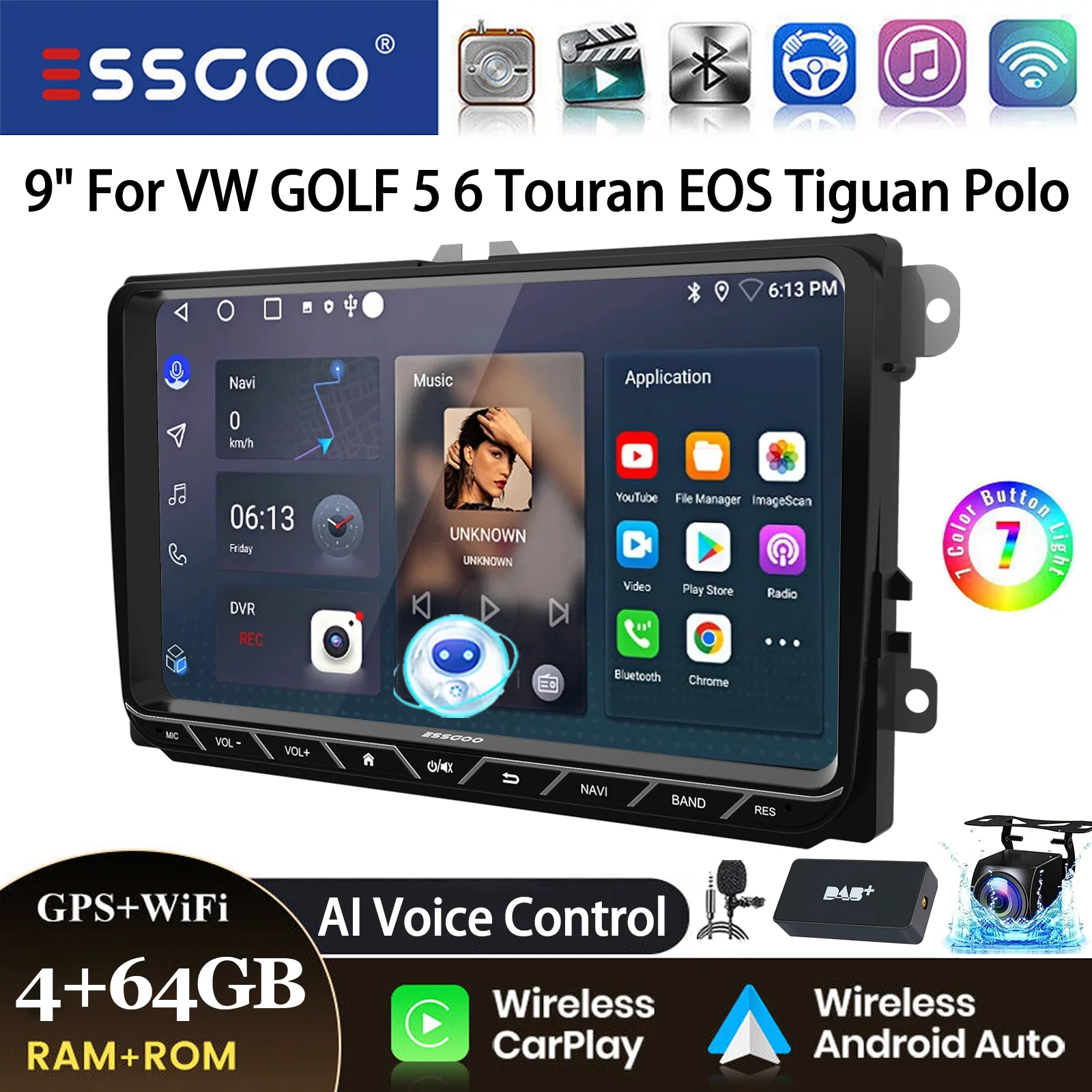 ESSGOO Android 14 Autoradio 9" 4+64GB CarPlay voor VW Golf 5 6 Passat B6 B7 Polo 6R Touran Tiguan Caddy EOS Jetta T5 Seat Skoda GPS Navigatie WIFI FM Bluetooth RDS Touchscreen Mirror Link
