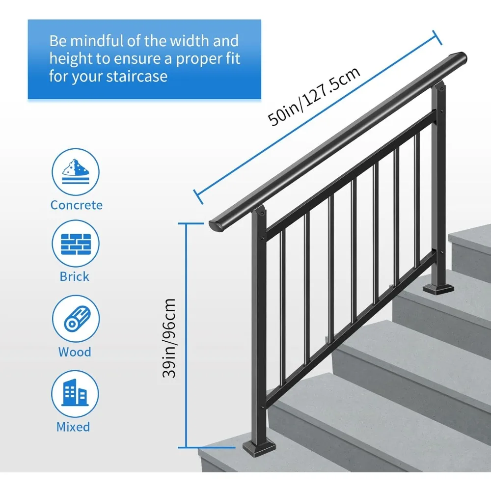 ترقية مجموعة درابزين الدرج الخارجية - درابزين قابل للتعديل بأربعة خطوات، سهل التركيب بنفسك، حديد أسود، متانة تدوم طويلاً #2