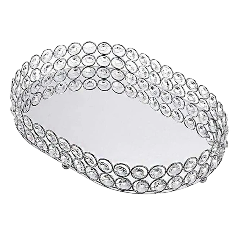 

Mirrored Crystal Vanity Makeup Tray, Jewelry Trinket Storage Tray Cosmetic Perfume Display Tray (Silver,Ellipse)