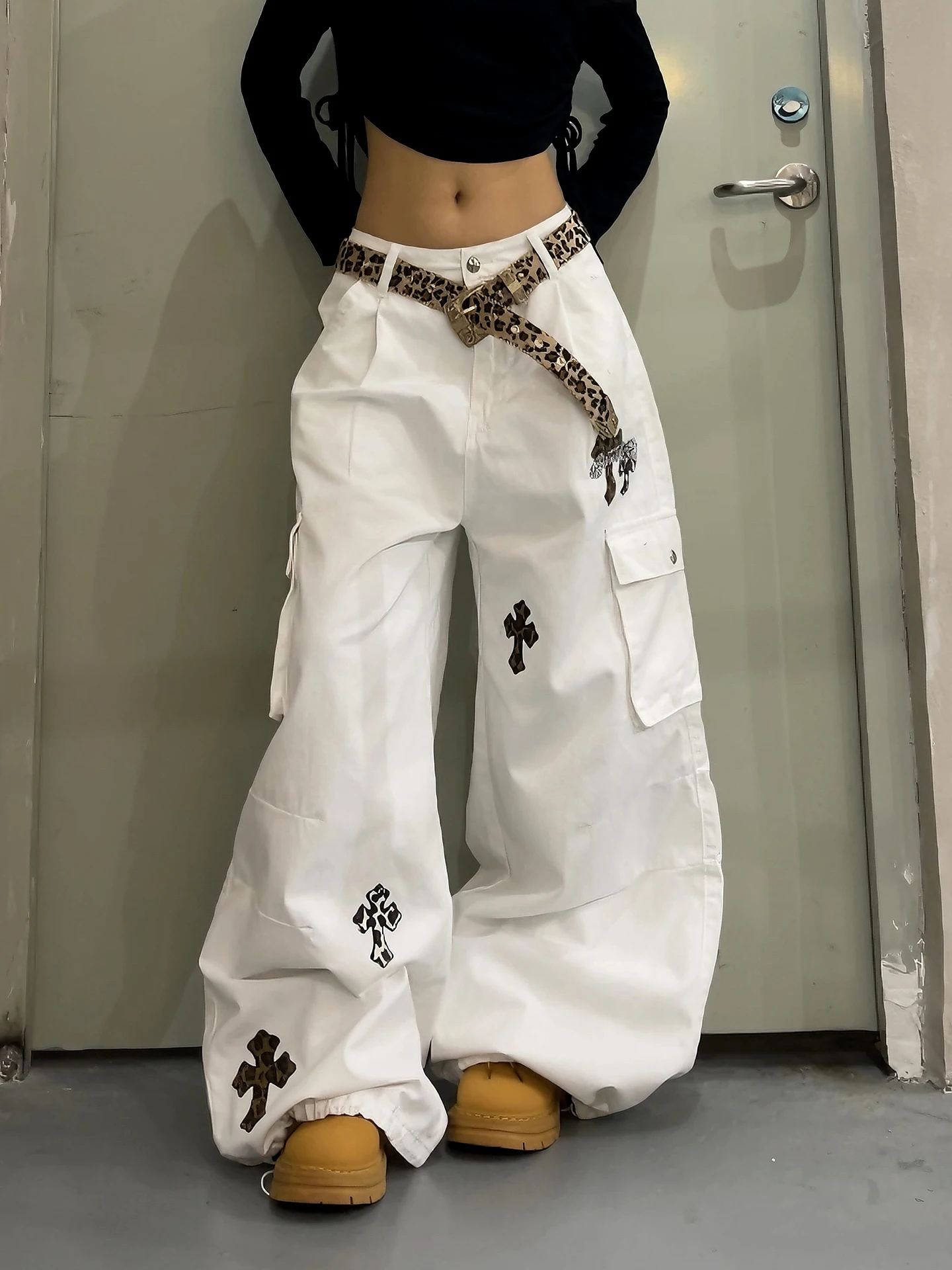 

Джинсы DoubleD American Street с леопардовым принтом, вышивкой крестом, повседневные, в стиле рабочей одежды, с широкими штанинами, из хлопкового денима