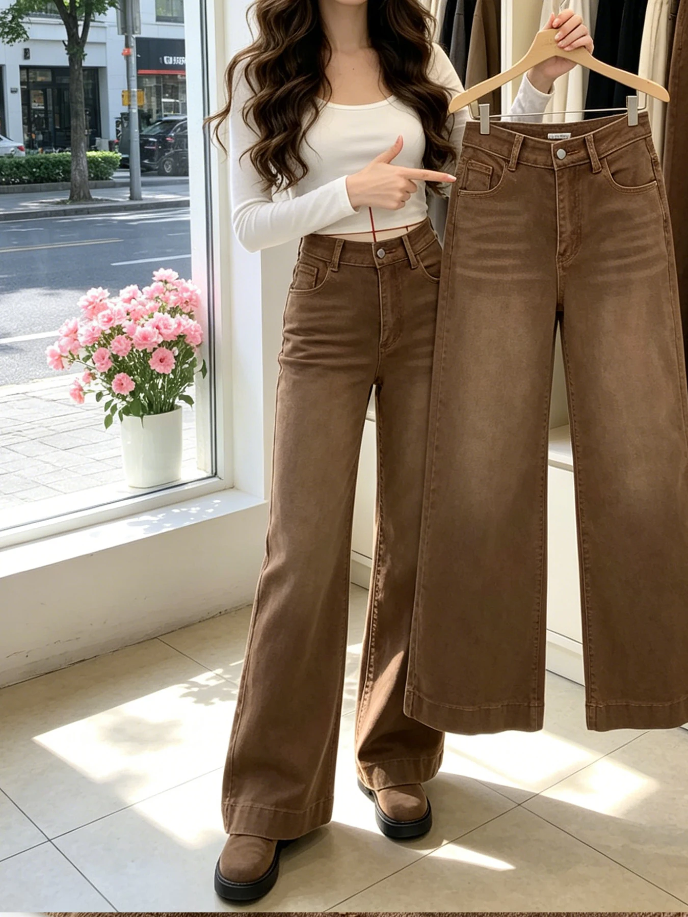 

Women's khaki high-waist wide-leg jeans, soft vintage tones, drapes and looks slimming